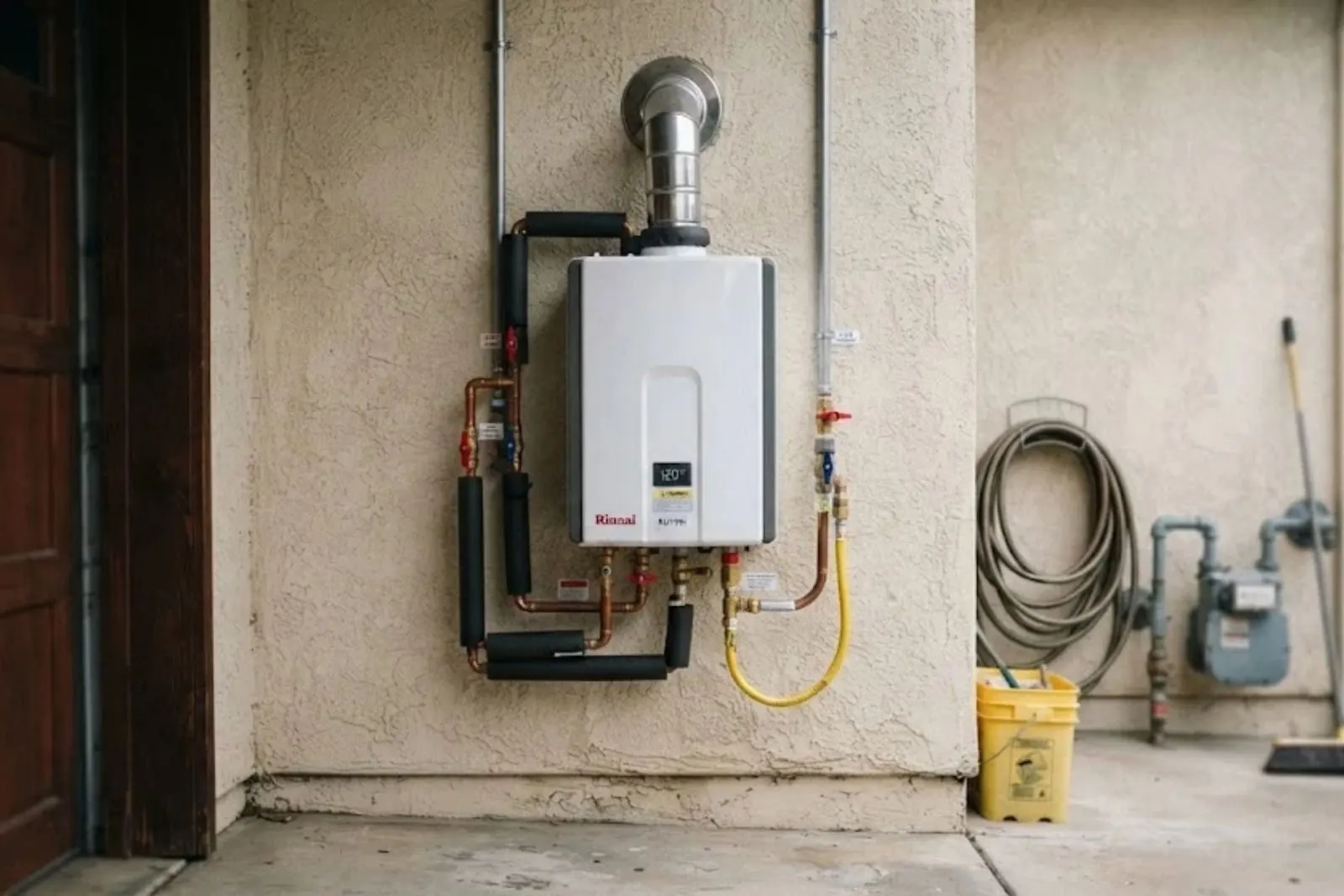 Wall-mounted gas tankless water heater with gas line and vent pipe in a utility space