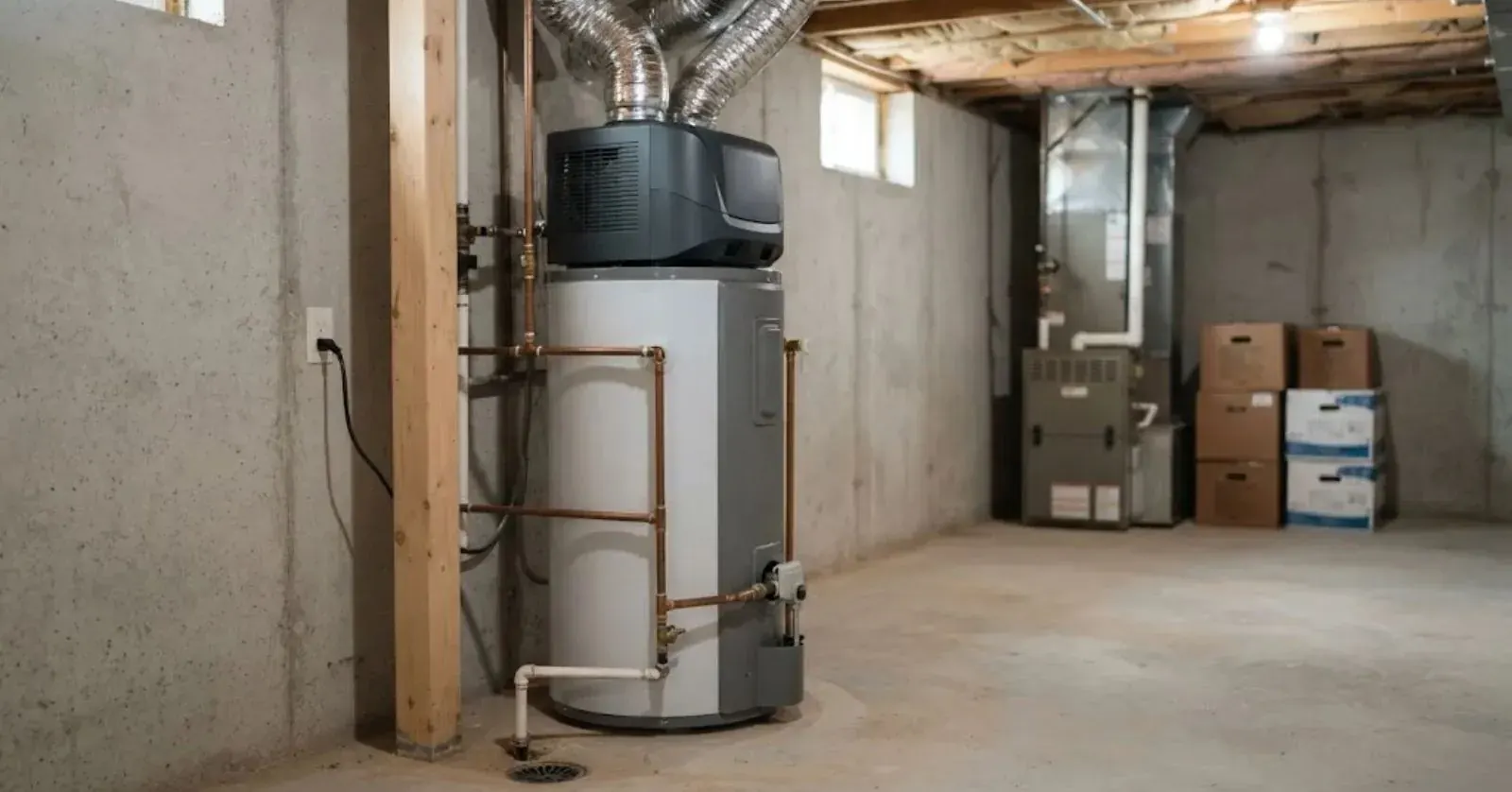 Heat pump water heater standing in an open basement area with ducting above it