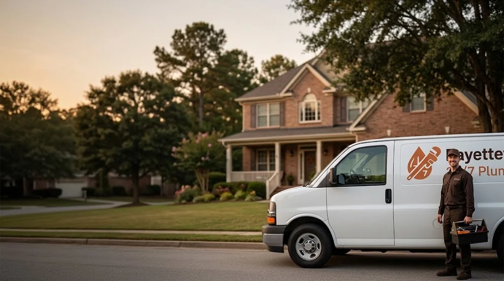 Fayetteville 24/7 Plumbing service van and plumber with a toolbox outside a brick home in Fayetteville, GA at dusk