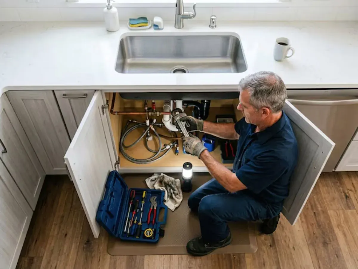 Plumber working under a kitchen sink with the cabinet open and a toolbox beside him