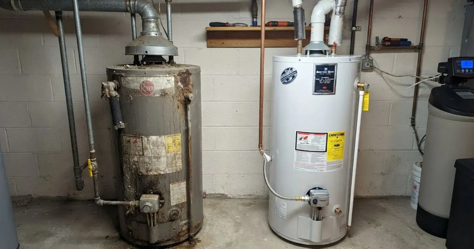 Old rusted water heater standing beside a new white tank in a basement
