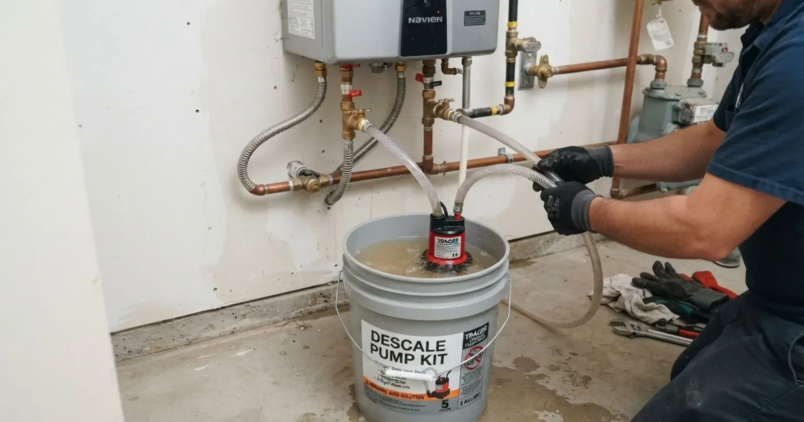 Technician connecting a pump and bucket of descaling solution to a tankless water heater