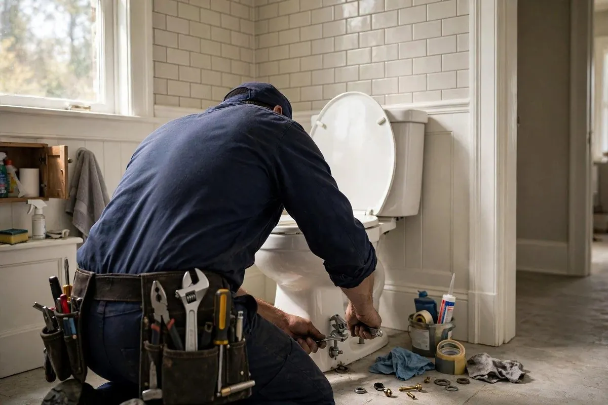 Plumber crouched at a toilet base with tools on his belt during a repair