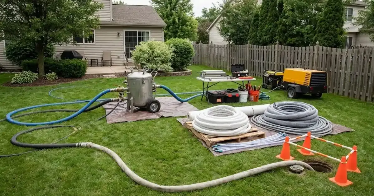 Trenchless sewer lining equipment, hoses and pipe liner laid out on a backyard lawn