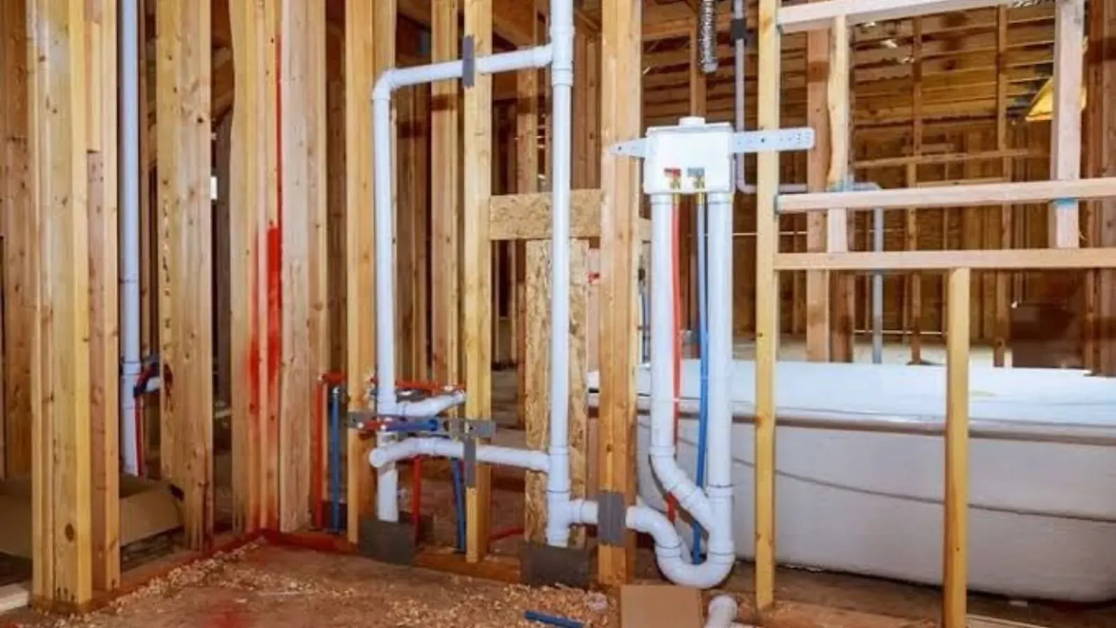 Open wall framing with white drain and vent pipes and a bathtub in place