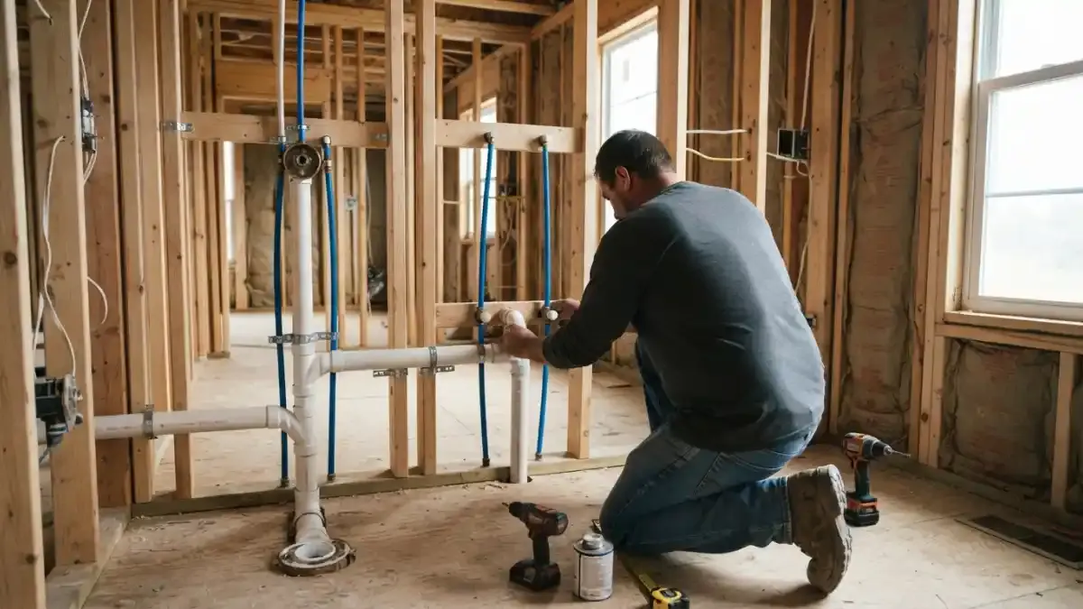 Plumber kneeling at a framed wall with drain and vent pipes during rough-in work