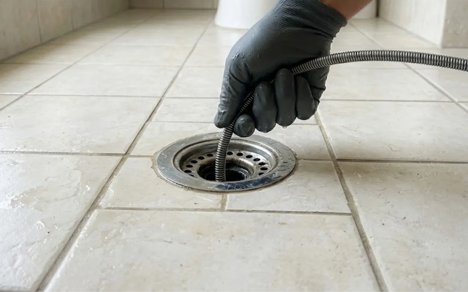 Gloved hand feeding a drain snake into a floor drain on a tile floor